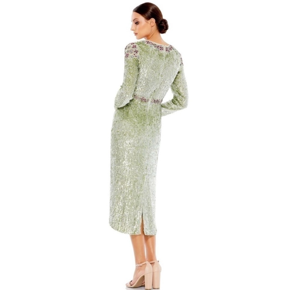 Mac Duggal Floral Beaded Dress Women 4 Sequins Tea Length Sage Green Long Sleeve - Picture 2 of 13